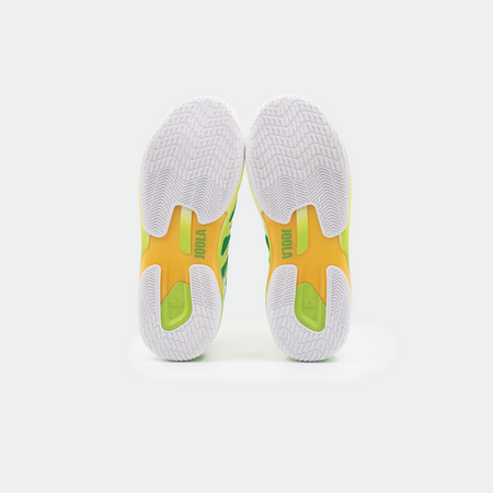 White background, product image showing the bottom of a pair of JOOLA TT SM4SH pickleball shoes, with yellow and green carbon shank.