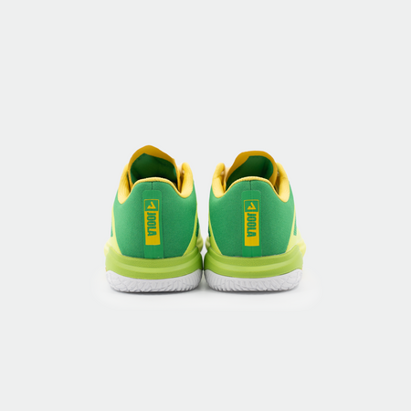 White background, product image of the JOOLA TT SM4SH table tennis, green, yellow and white colorway. Image shows the back of a pair of the shoes, with JOOLA logo lock up.