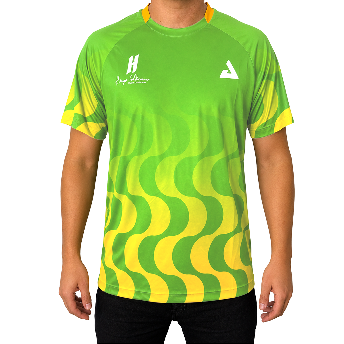 White background, product image showing a male model wearing a Jungle Green Hugo Calderano Copacabana Raglan Short Sleeve.