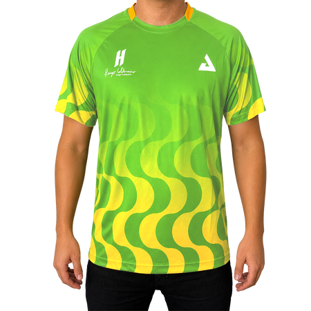 White background, product image showing a male model wearing a Jungle Green Hugo Calderano Copacabana Raglan Short Sleeve.