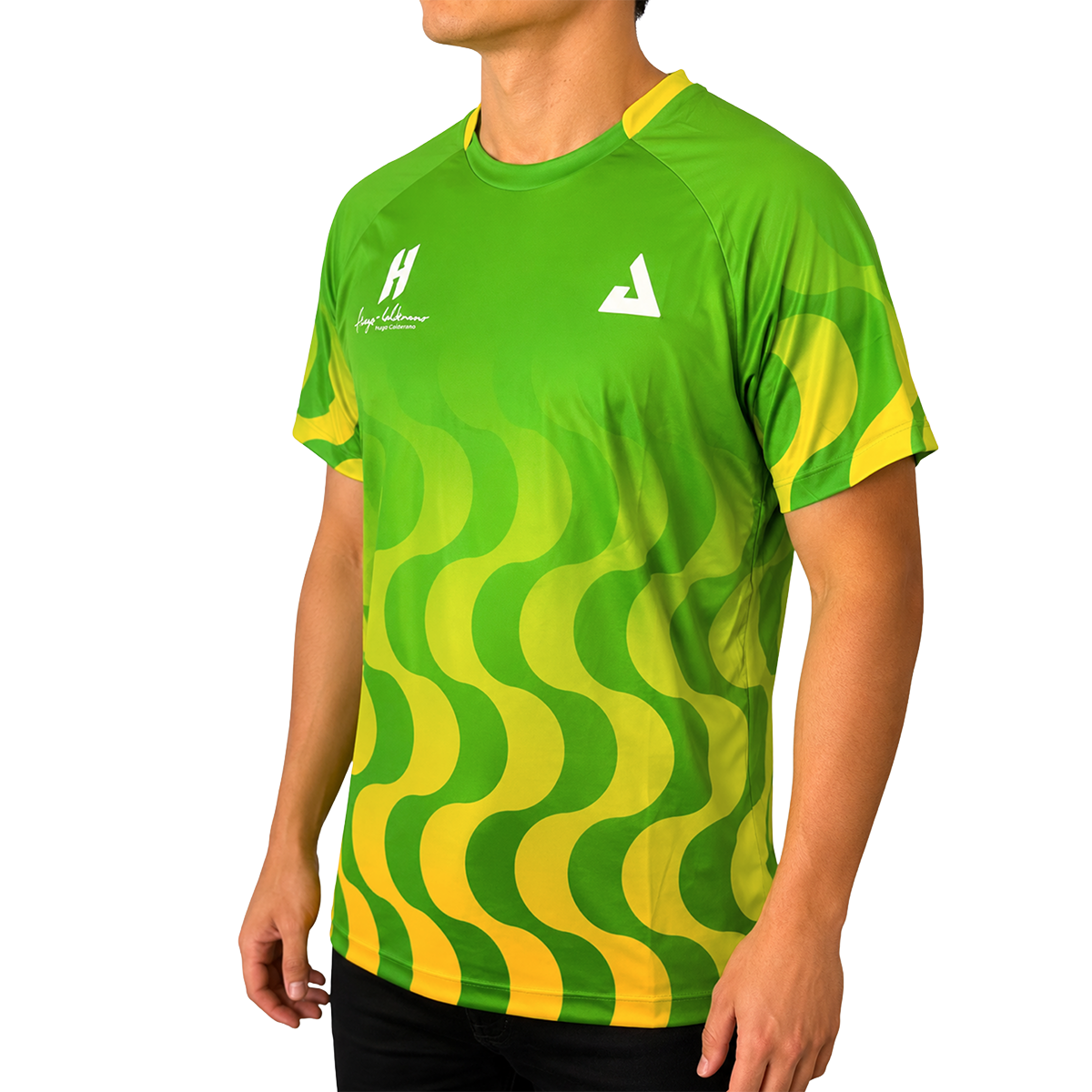 White background, product image showing a male model wearing a Jungle Green Hugo Calderano Copacabana Raglan Short Sleeve.