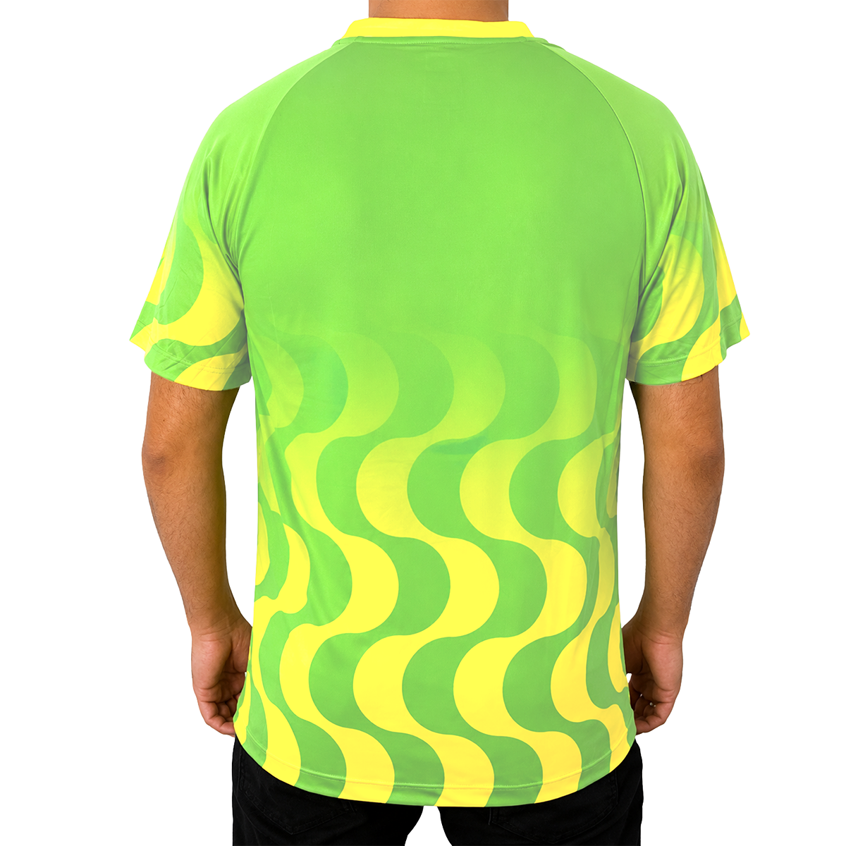 White background, product image showing the rear view of a male model wearing a Jungle Green Hugo Calderano Copacabana Raglan Short Sleeve.