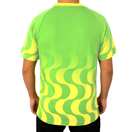 White background, product image showing the rear view of a male model wearing a Jungle Green Hugo Calderano Copacabana Raglan Short Sleeve.