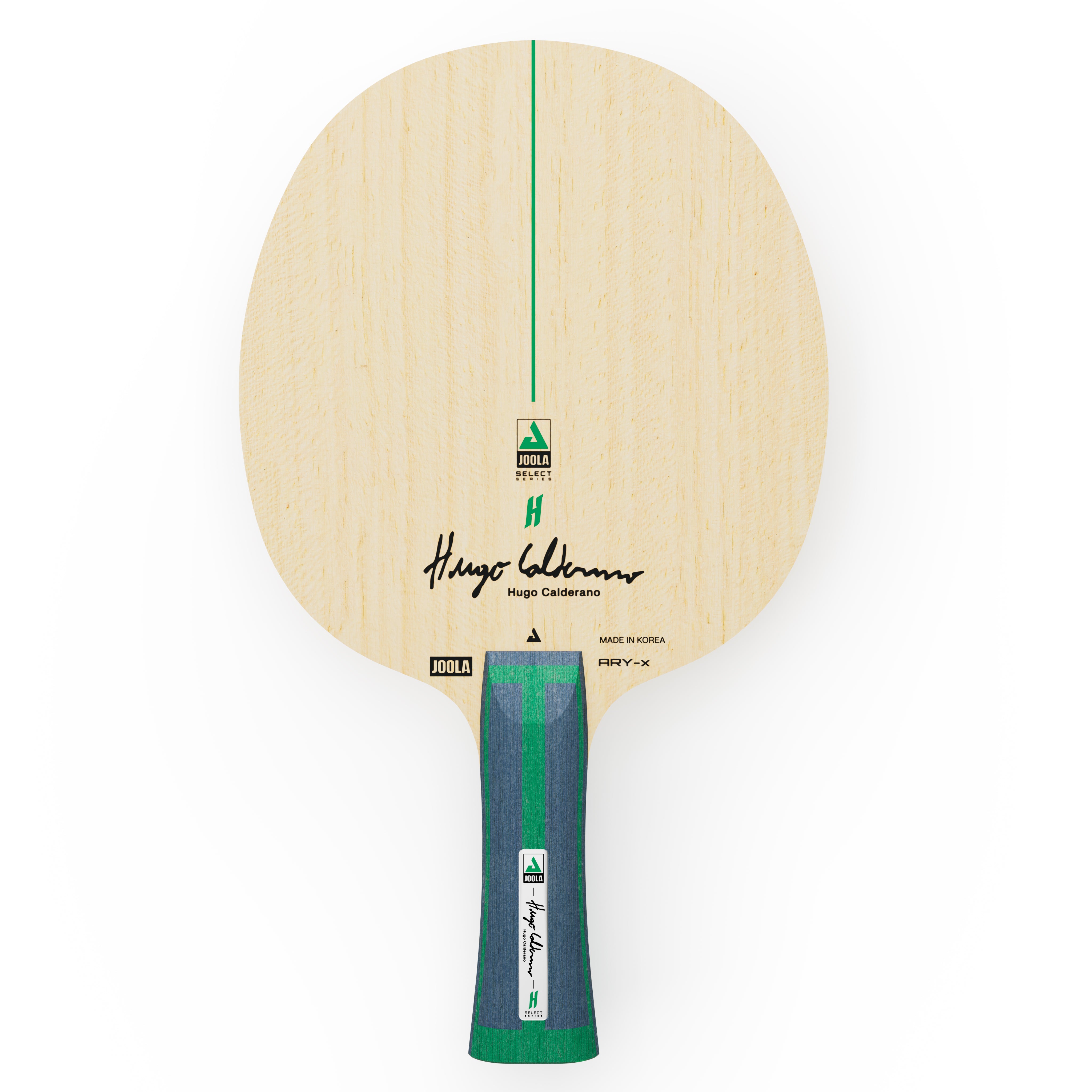 White background, product image of the JOOLA HC ARY X table tennis racket, with a blue and green handle.