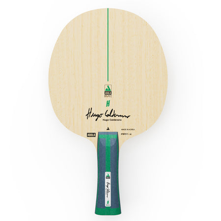 White background, product image of the JOOLA HC ARY X table tennis racket, with a blue and green handle.