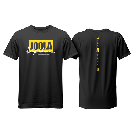White background, image of the JOOLA x Hugo Calderano tee shirt, black, white and yellow.