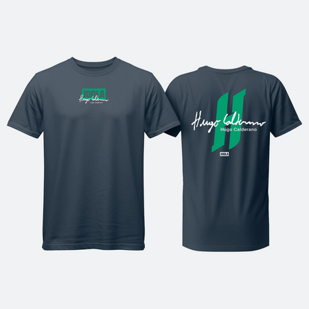 White background, navy and green JOOLA Hugo Calderano shirt.