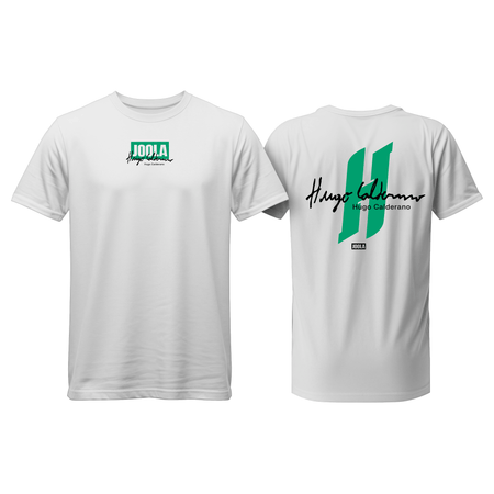 White background, white and green JOOLA Hugo Calderano t-shirt.
