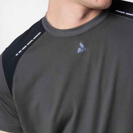 Gray athletic shirt with JOOLA trinity logo on the chest against a white background.