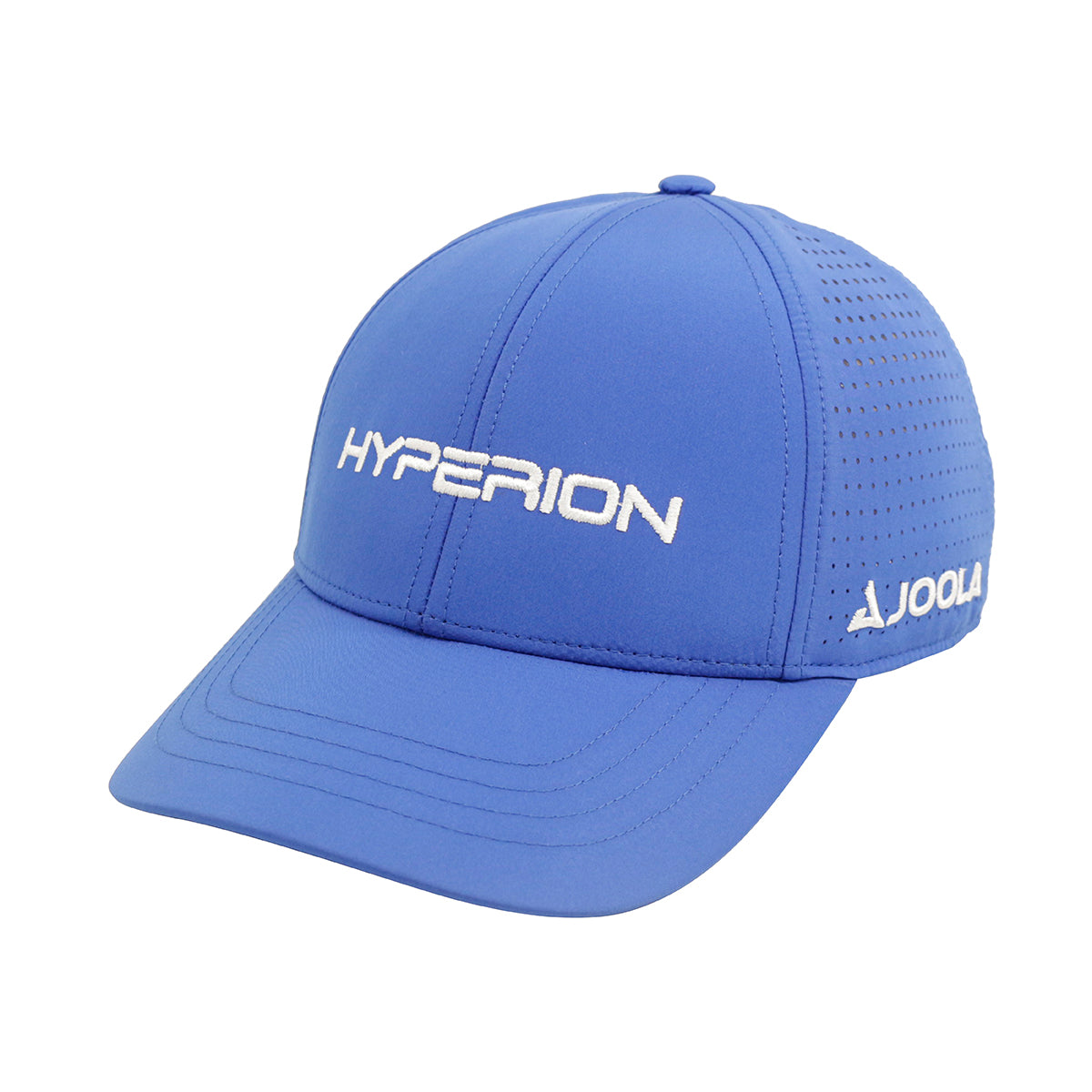 Product image of the side of the blue JOOLA Hyperion Hat, showing off the Hyperion logo and horizontal JOOLA logo #Blue