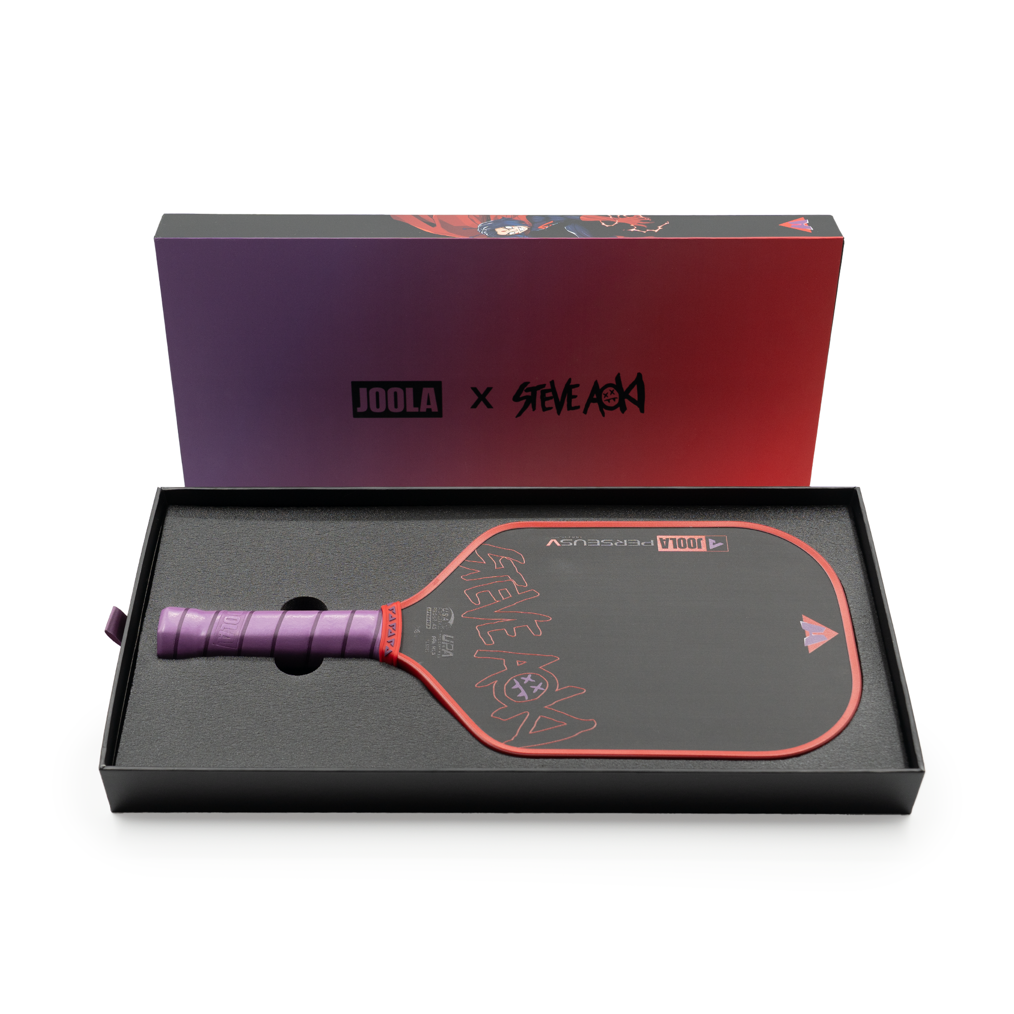White background, product image showing the Perseus Pro V JOOLA x Steve Aoki pickleball padle in it's premium, HYROQUEST packaging.