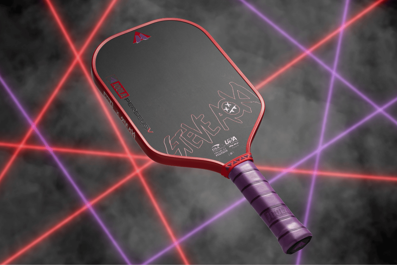 Image of the JOOLA HyroQuest Perseus Pro V Pickleball Paddle with purple handle and red edge guard.
