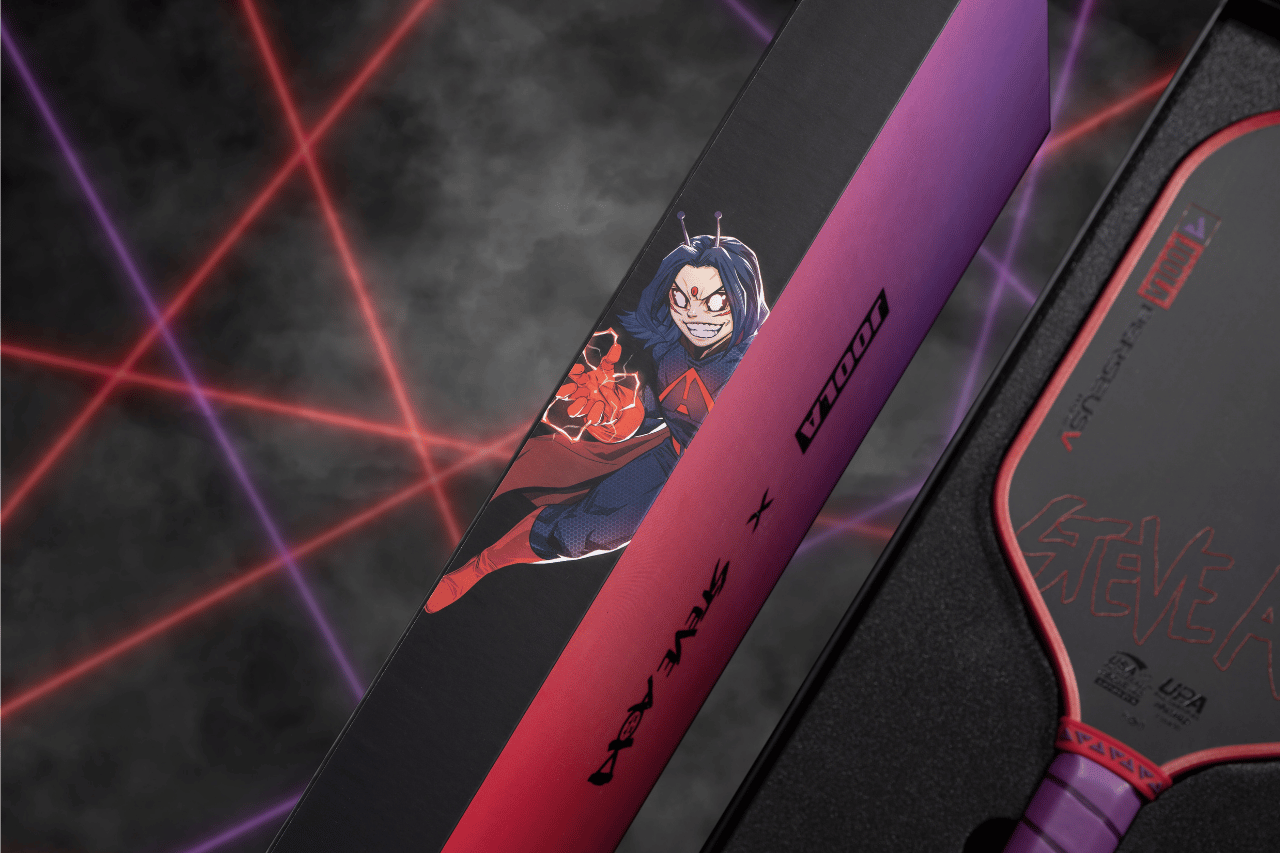 Close up on the side of a JOOLA x Aoki Perseus Pro V pickleball paddle colloboration.