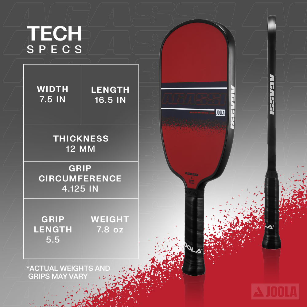 Infographic highlighting the technical specifications of the Agassi Champion pickleball paddle.