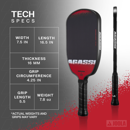 Infographic for the technical specifications for the Agassi x JOOLA Agassi Edge pickleball paddle.