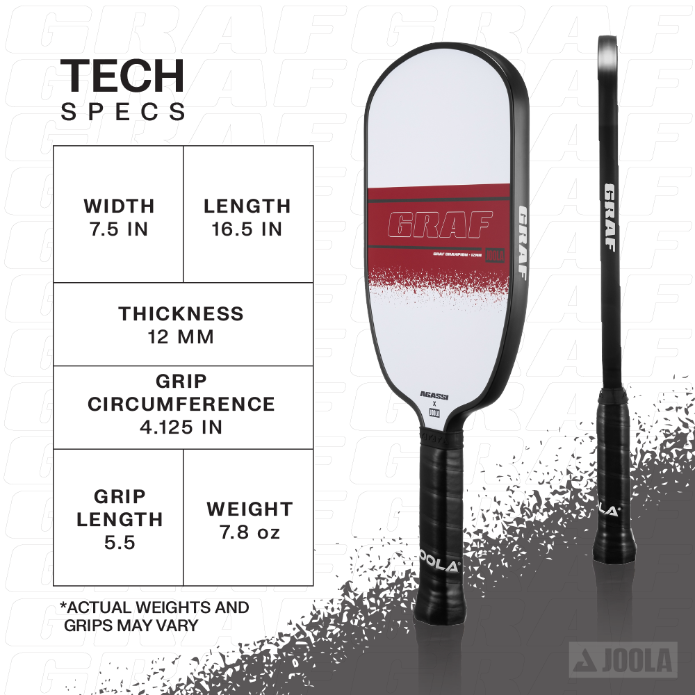 Infographic breaking down the technical specifications of the Agassi x JOOLA Graf pickleball paddle.