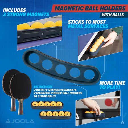 Detailed infographic for the JOOLA magnetic ball holders with JOOLA table tennis balls pictured.