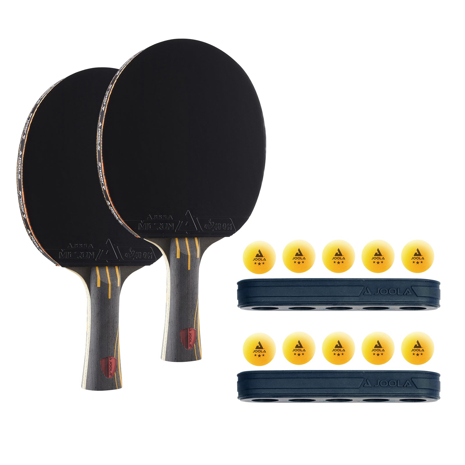 White background image, two JOOLA infinity overdrive table tennis rackets with two ball holders with capability to hold 5 balls in each holder. JOOLA table tennis balls also pictured.