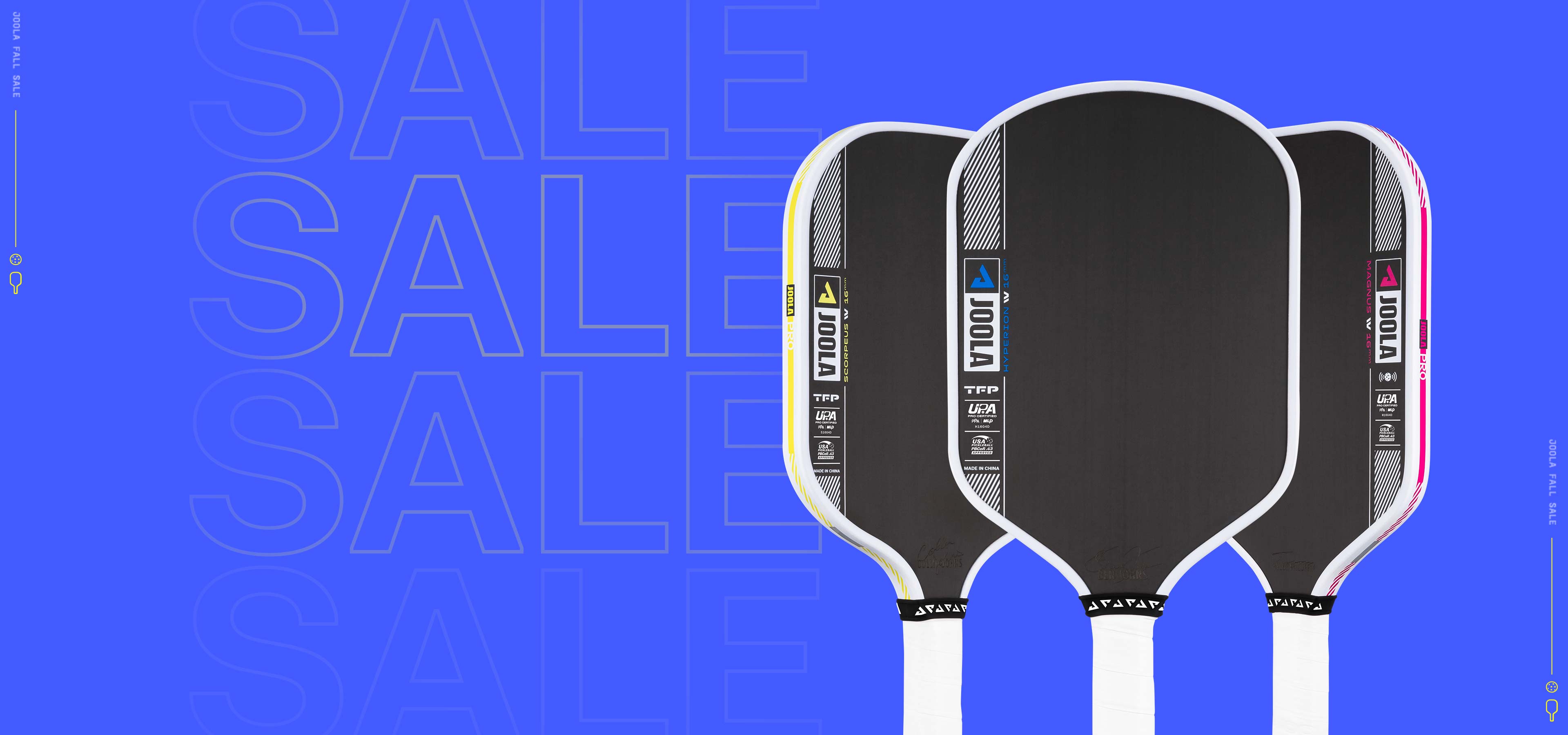 JOOLA web banner image for the Fall Sale, image has a blue background and features the Scorpeus, Hyperion and Magnus Pro IV pickleball paddle.