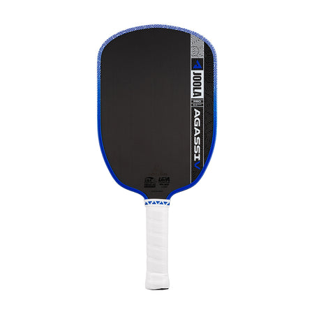 White background, product image showing the Agassi Pro V pickleball paddle with a white handle and dark blue edge guard.