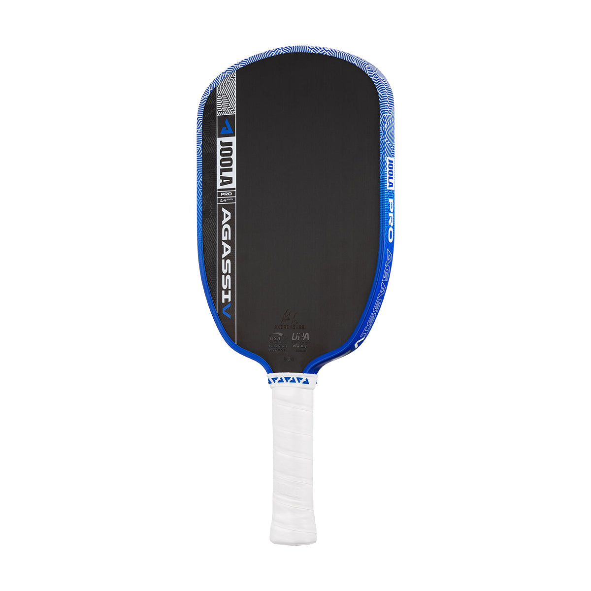 White background, product image showing the Agassi Pro V pickleball paddle with a white handle and dark blue edge guard.
