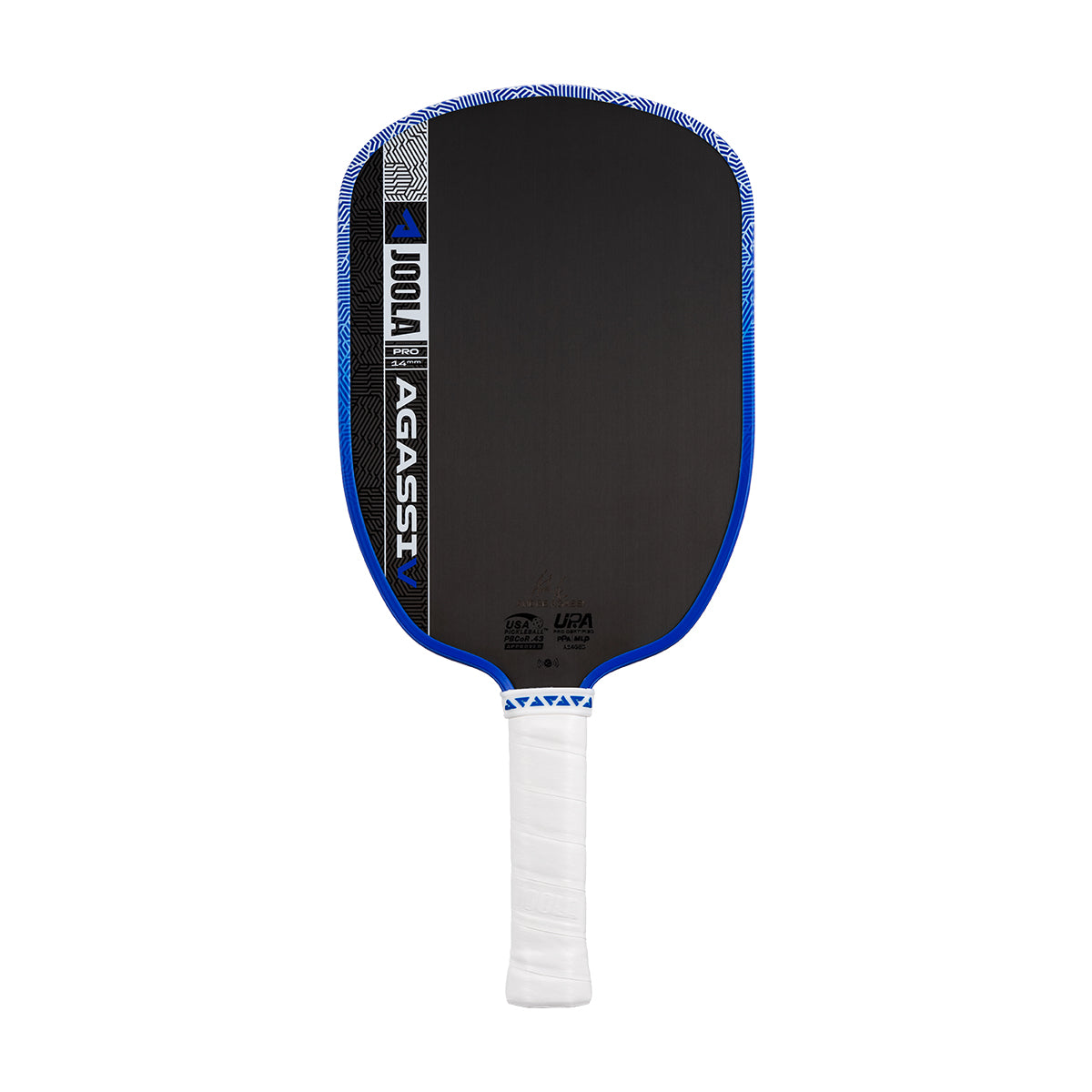 White background, product image showing the Agassi Pro V pickleball paddle with a white handle and dark blue edge guard.