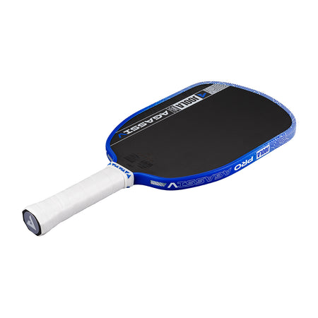 White background, product image showing the Agassi Pro V pickleball paddle with a white handle and dark blue edge guard.
