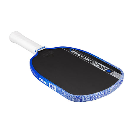 White background, product image showing the Agassi Pro V pickleball paddle with a white handle and dark blue edge guard.