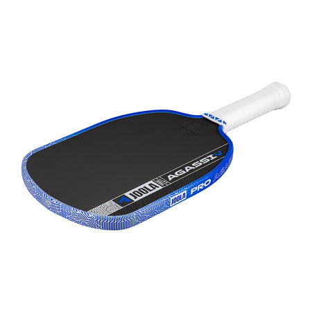White background, product image showing the Agassi Pro V pickleball paddle with a white handle and dark blue edge guard.