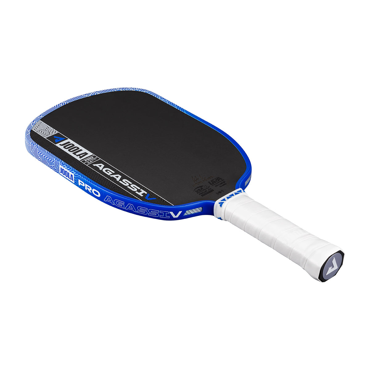 White background, product image showing the Agassi Pro V pickleball paddle with a white handle and dark blue edge guard.