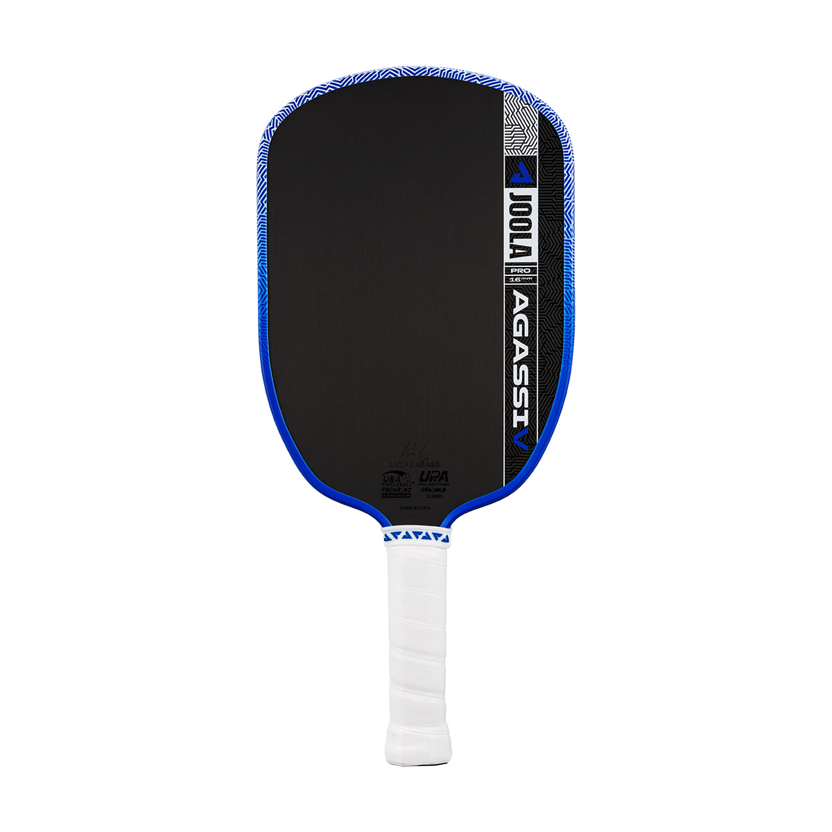 White background, product image showing the JOOLA Agassi Pro V pickleball paddle with blue edge guard and white handle.
