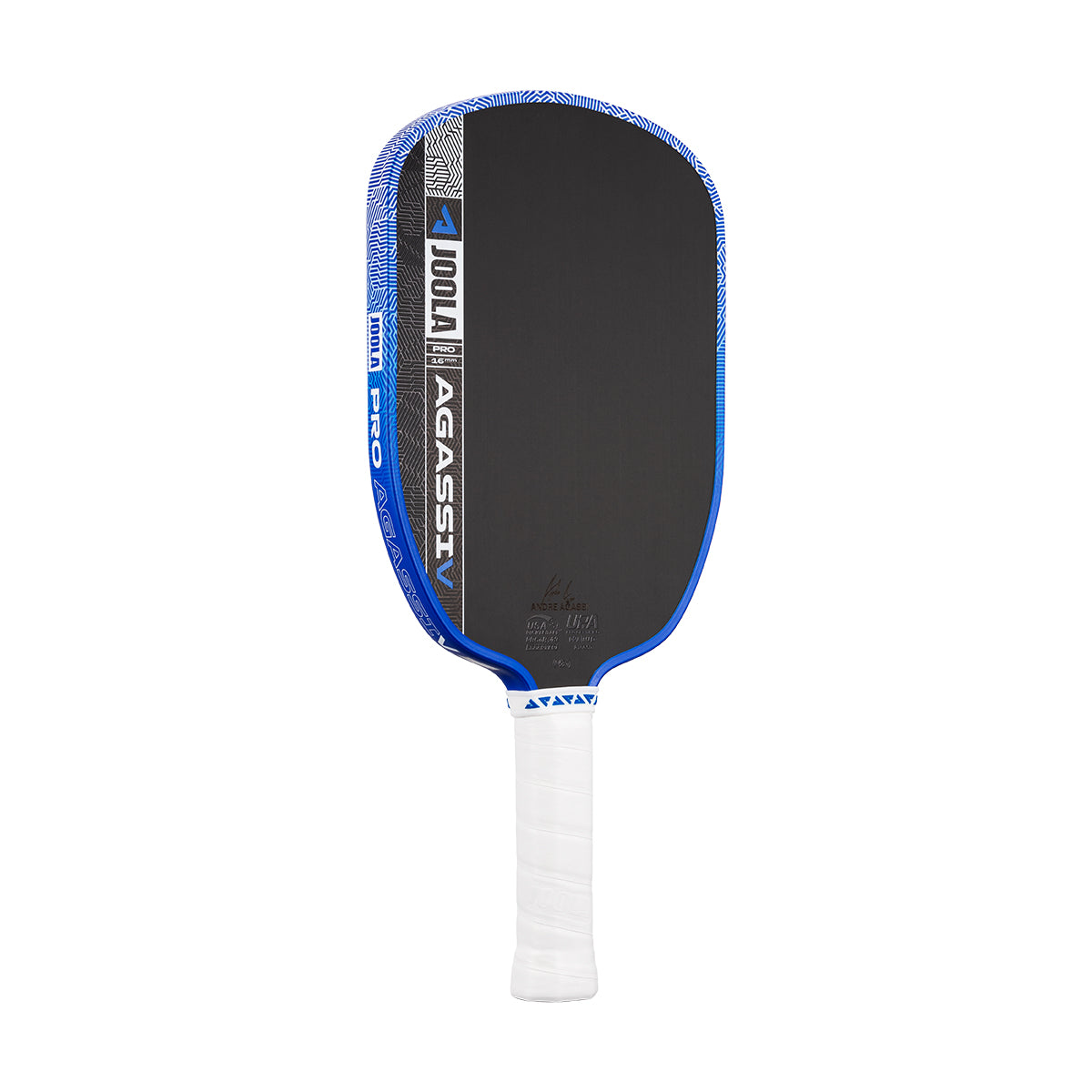 White background, product image showing the JOOLA Agassi Pro V pickleball paddle with blue edge guard and white handle.