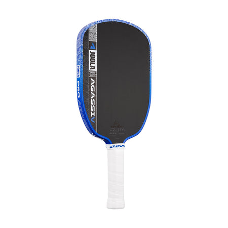 White background, product image showing the JOOLA Agassi Pro V pickleball paddle with blue edge guard and white handle.