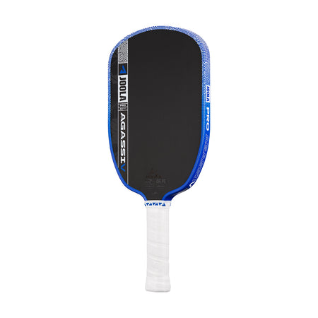White background, product image showing the JOOLA Agassi Pro V pickleball paddle with blue edge guard and white handle.
