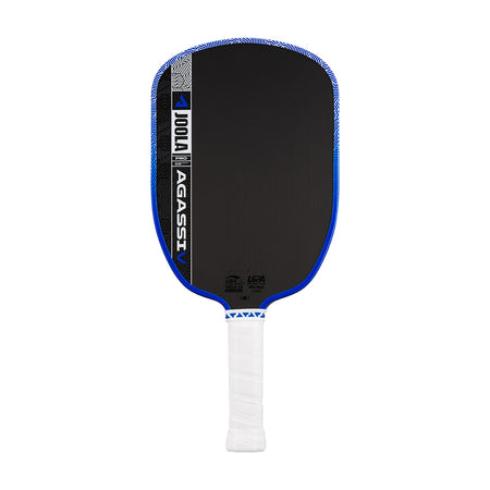 White background, product image showing the Agassi Pro V pickleball paddle with a white handle and dark blue edge guard.