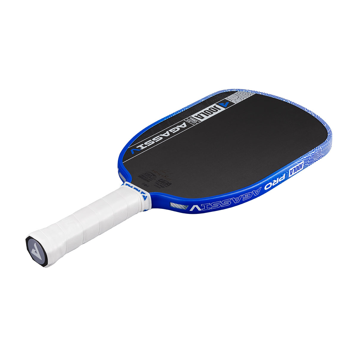 White background, product image showing the JOOLA Agassi Pro V pickleball paddle with blue edge guard and white handle.