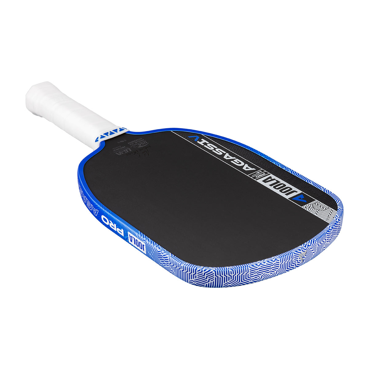 White background, product image showing the JOOLA Agassi Pro V pickleball paddle with blue edge guard and white handle.
