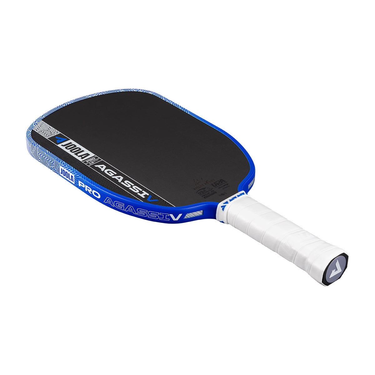 White background, product image showing the JOOLA Agassi Pro V pickleball paddle with blue edge guard and white handle.