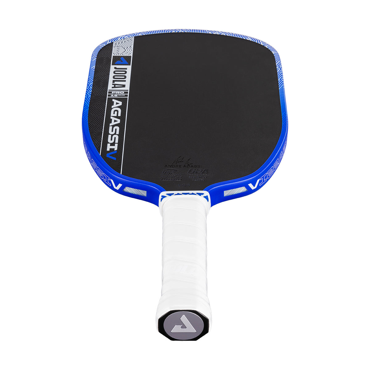 White background, product image showing the JOOLA Agassi Pro V pickleball paddle with blue edge guard and white handle.