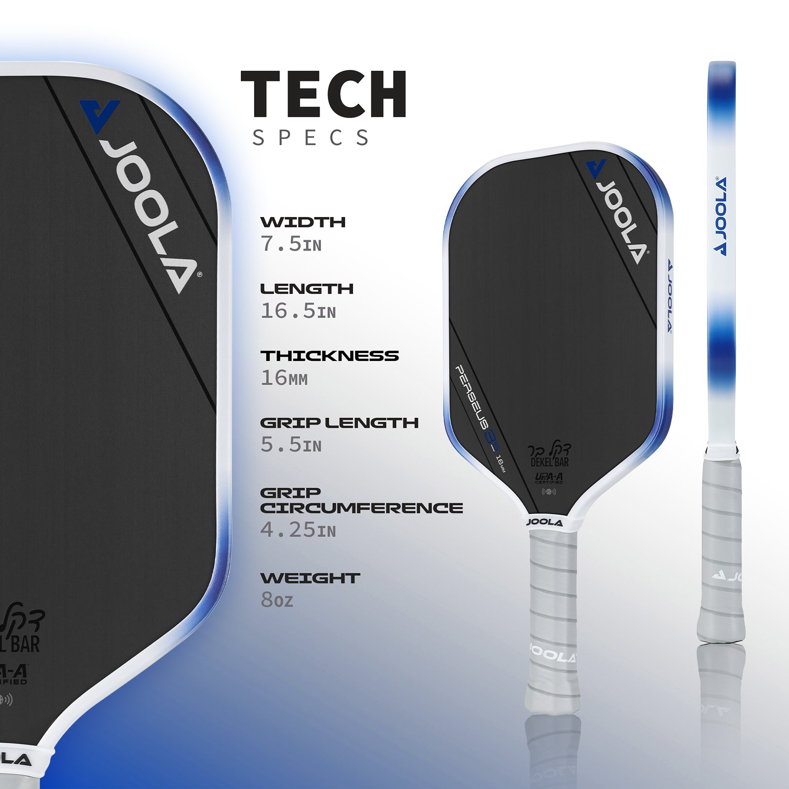 JOOLA Infographic showing the product specification for the JOOLA Dekel Bar Perseus Pickleball Paddle. 