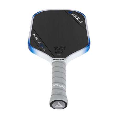 White background, product image of the JOOLA Dekel Bar Perseus 3S Pickleball Paddle. Gray handle and white and blue edge guard.