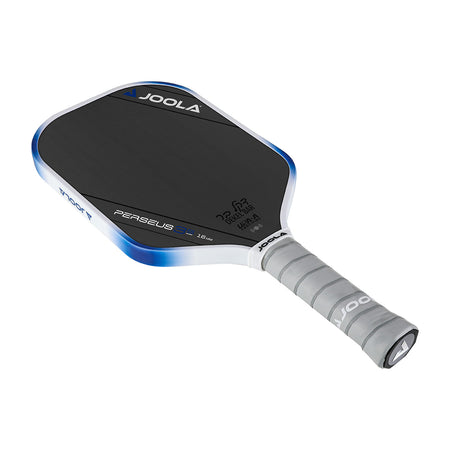 White background image, angled product image of the JOOLA Dekel Bar Perseus Pickleball Paddle with White and Blue edge guard.