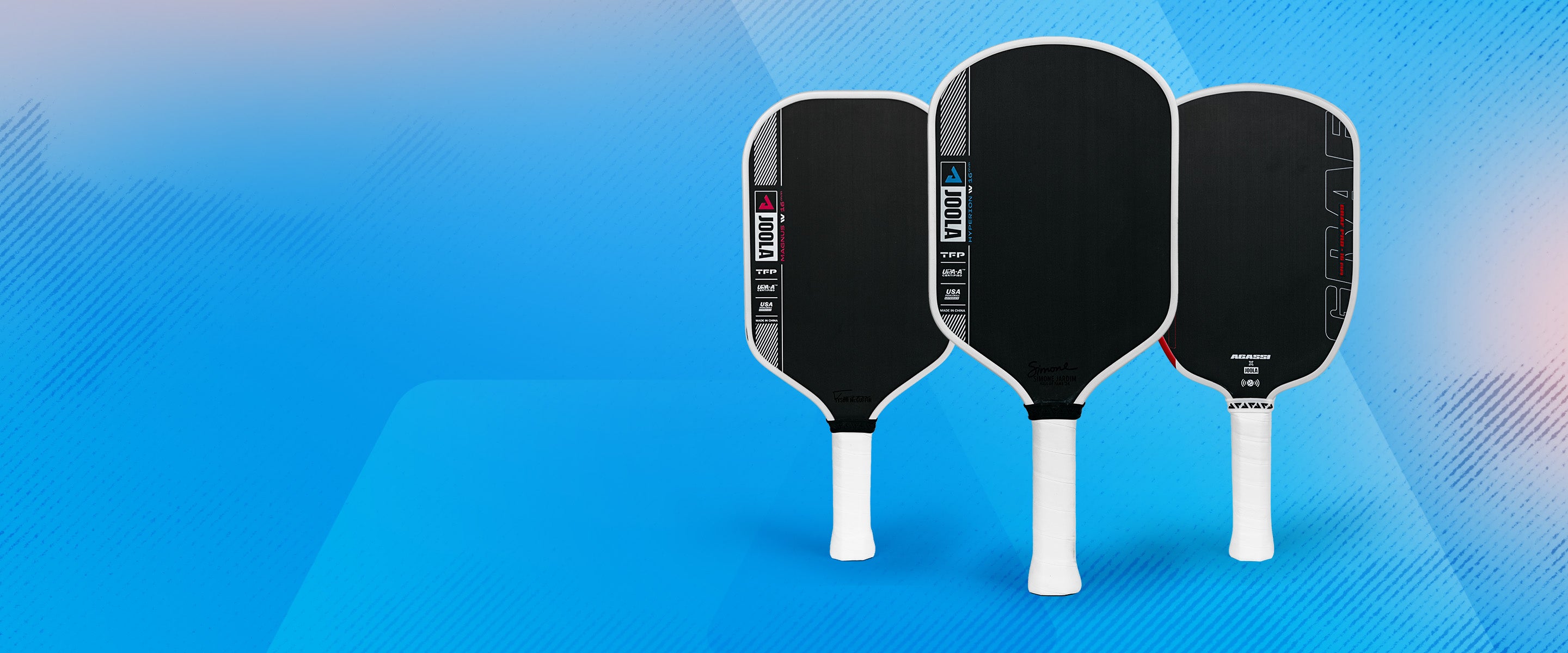 Three JOOLA Pickleball Paddles, the Magnus, Hyperion and Graf Pro IV pickleball paddles on a blue background.