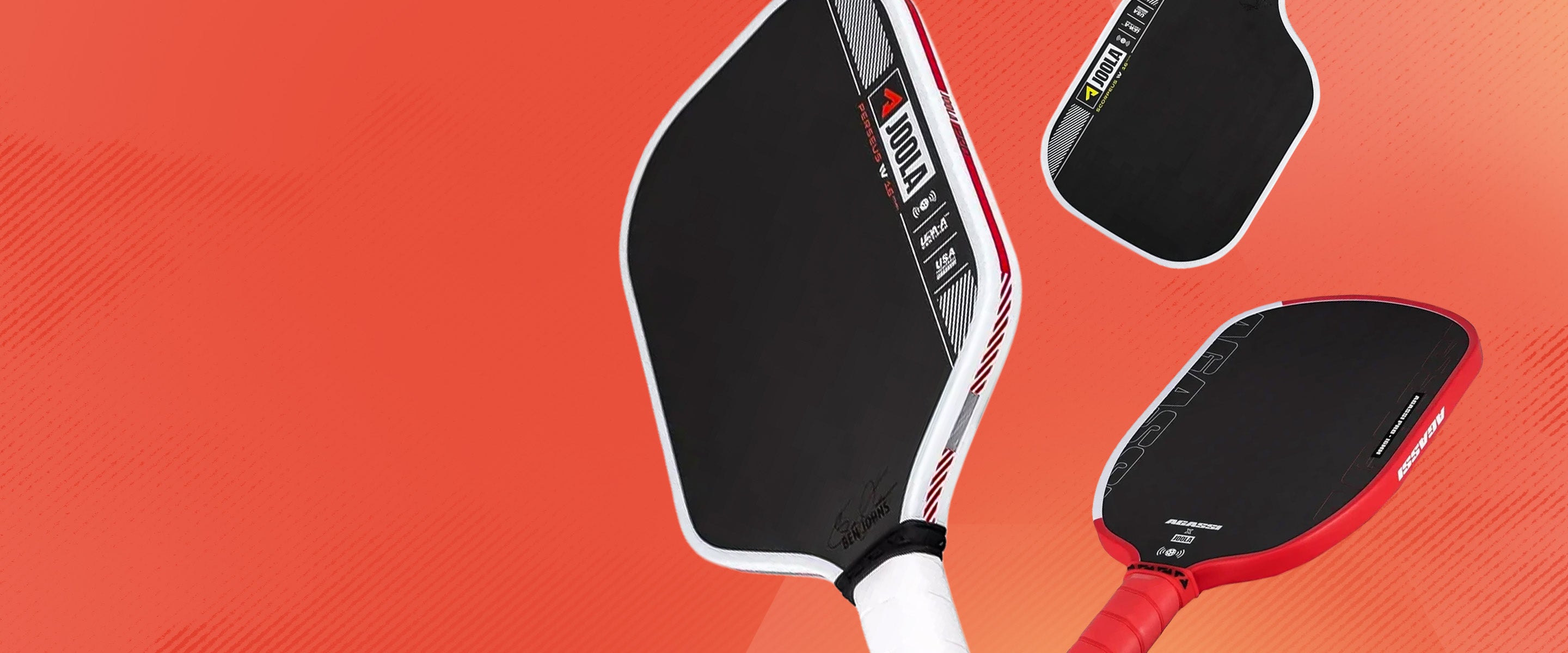 Orange and red gradient background with images of the JOOLA Perseus, Scorpeus and Agassi Pro IV pickleball paddles.