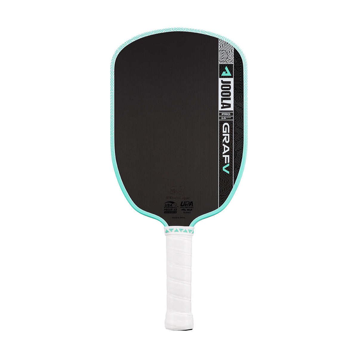 White background, product image of the Graf Pro V with a turquoise edge guard and a white handle.