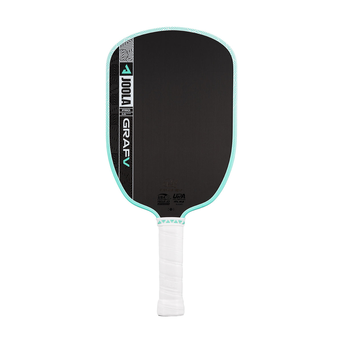 White background, product image of the Graf Pro V with a turquoise edge guard and a white handle.