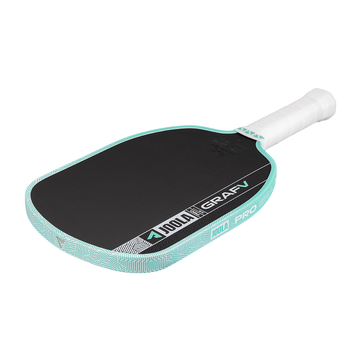 White background, product image of the Graf Pro V with a turquoise edge guard and a white handle.