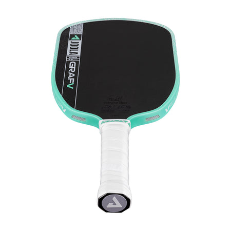 White background, product image of the Graf Pro V with a turquoise edge guard and a white handle.
