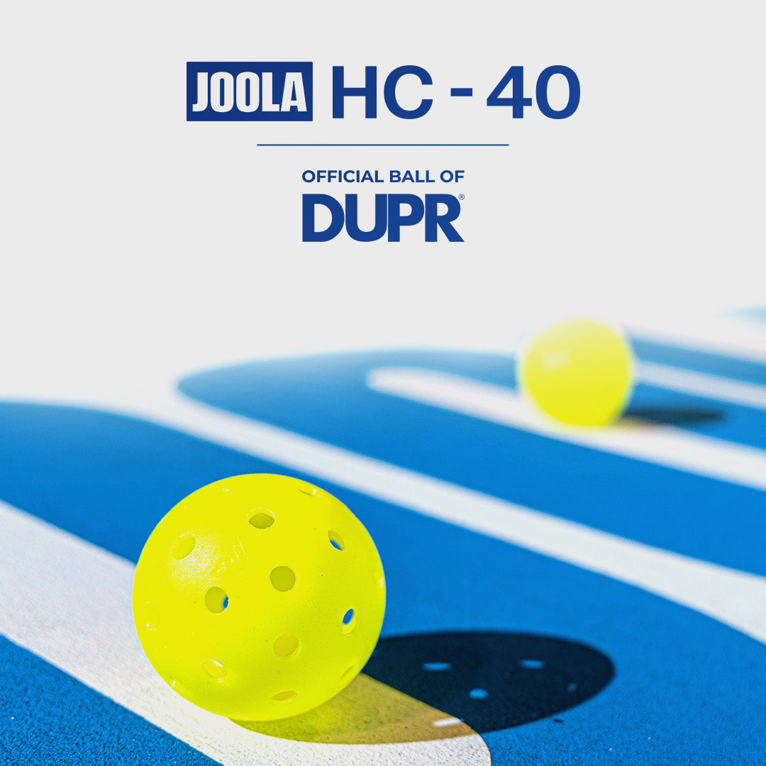Vertical banner image announcing the JOOLA HC-40 Pickleball being the official ball of DUPR. Close up image of an HC-40 ball on a pickleball court.