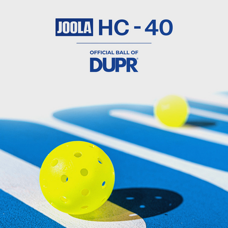 Vertical banner image announcing the JOOLA HC-40 Pickleball being the official ball of DUPR. Close up image of an HC-40 ball on a pickleball court.